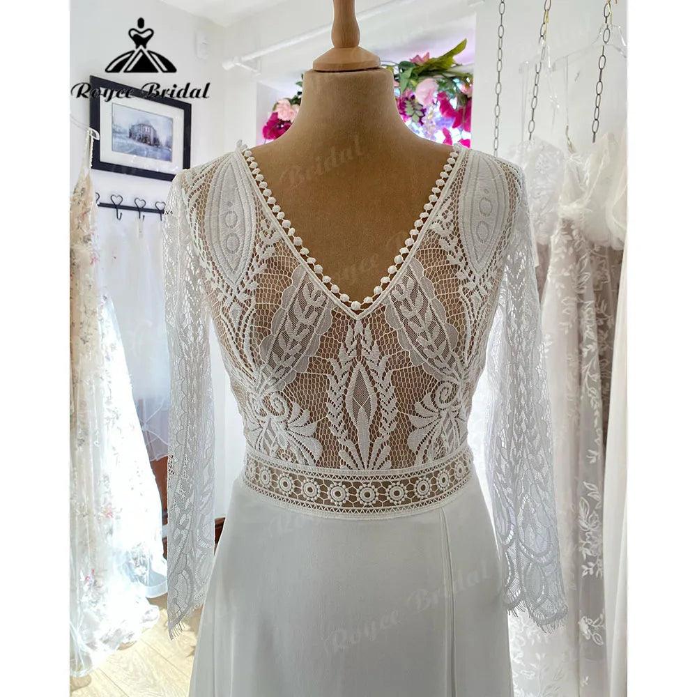 Vestido Novia V Neck Lace Bodice Boho Bohemian Beach Split Side Wedding Gown for Bride 2024 Wedding Dress for Women NumberSea