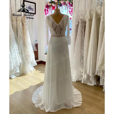 Vestido Novia V-Ausschnitt Spitzenmieder Boho Bohemian Beach Split Side Brautkleid für die Braut 2024 Hochzeitskleid für Frauen NumberSea 