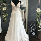 Vestido Novia Women Boho Wedding Dress with V Neck Lace Bodice Chiffon Backless Bridal Gown Beach Wedding Gowns Spaghetti Straps