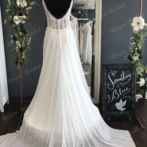 Abito da Sposa Donna Boho con Scollo a V Corpetto in Pizzo Chiffon Sposa Senza Schienero Abiti da Sposa per Matrimonio in Spiaggia Spalline a Spaghetti