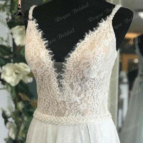 Vestido Novia Damen Boho Brautkleid mit V-Ausschnitt, Spitzenmieder, Chiffon, rückenfreies Brautkleid, Strand-Brautkleider, Spaghettiträger