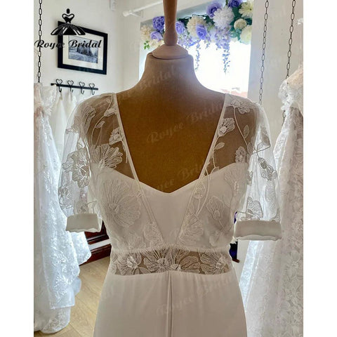 Vestidos Boheme Spitze Boho Strand V-Ausschnitt Chiffon Brautkleid mit Puff Kurzarm 2024 Sommer Brautkleid Robes de Mariée Sexy 