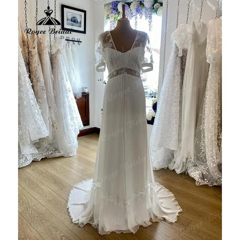 Vestidos Boheme Spitze Boho Strand V-Ausschnitt Chiffon Brautkleid mit Puff Kurzarm 2024 Sommer Brautkleid Robes de Mariée Sexy 