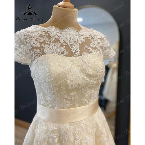 فستان زفاف قصير حتى الركبة من الدانتيل الكامل للنساء 2024 ثوب عروس بأكمام قصيرة vestido de novia corto NumberSea