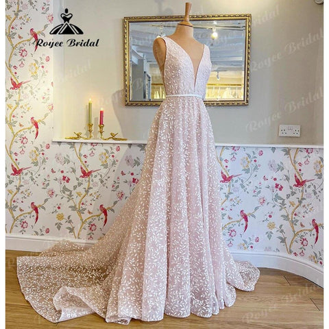 Vestidos Novia Sparkly Pink Floral Lace Boho Sleeveless A Line Brautkleid 2025 Braut Hochzeitsempfang Dinner-Party-Kleider