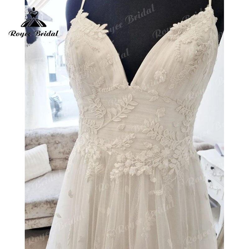 NumberSea Vestidos Spaghetti Straps A Line Boho Wedding Dress with V Neck Lace Appliques Beach 2025 Vintage Civil Wedding Gowns Open Back