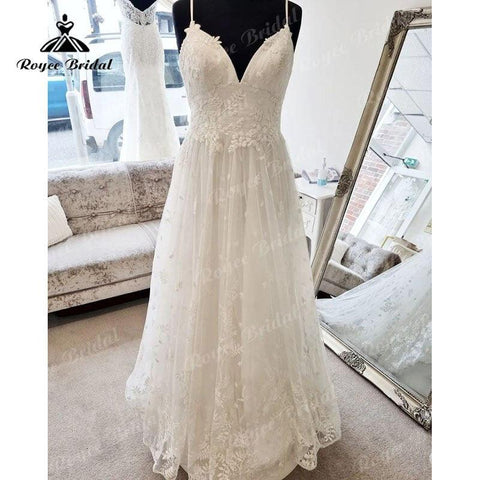 NumberSea Vestidos Spaghettiträger A-Linie Boho Brautkleid mit V-Ausschnitt Spitzenapplikationen Strand 2025 Vintage Standesamtliche Brautkleider mit offenem Rücken 