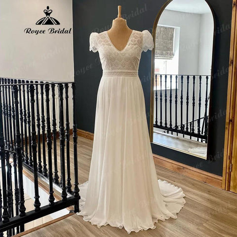 Vestidos Sommer Strand Spitze Mieder Chiffon Boho V-Ausschnitt Brautkleid mit kurzen Flügelärmeln 2024 Brautkleid Robe Mariee Elegant 