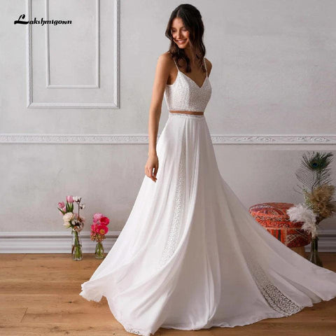 NumberSea Vestidos Zweiteiliges Hochzeitskleid für schicke Boho-Brautempfangs-Hochzeitspartykleider 2020 Trouwjurk-Spitzen-Strandhochzeitskleider 
