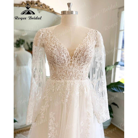 NumberSea Vinatge Boho Spitze Langarm Brautkleid Brautkleid mit V-Ausschnitt 2025 Applikationen Hochzeitskleid für Frauen vestido de fiesta de boda 