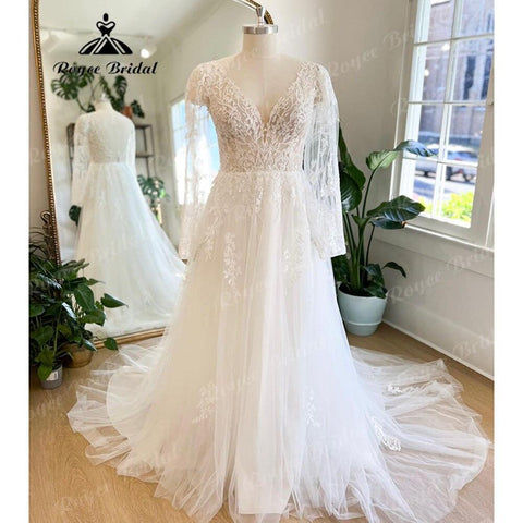NumberSea Vinatge Boho Spitze Langarm Brautkleid Brautkleid mit V-Ausschnitt 2025 Applikationen Hochzeitskleid für Frauen vestido de fiesta de boda 