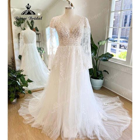 NumberSea Vinatge Boho Spitze Langarm Brautkleid Brautkleid mit V-Ausschnitt 2025 Applikationen Hochzeitskleid für Frauen vestido de fiesta de boda 