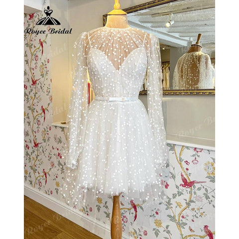 NumberSea Vinatge Dot Tüll Langarm Prinzessin Boho Kurzes Hochzeitskleid für Frauen 2025 Brautempfangskleid Frauen robe de soirée femme 