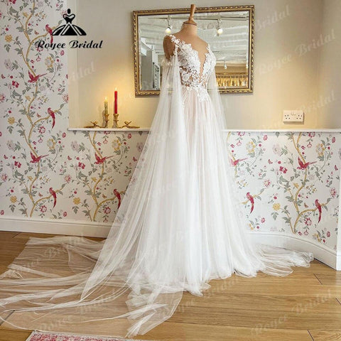 NumberSea Vinatge Blumenspitze-Applikationen, transparente Illusionsflügel, Brautkleid mit abnehmbaren Ärmeln, Robe de Soirée de Mariage 2025 