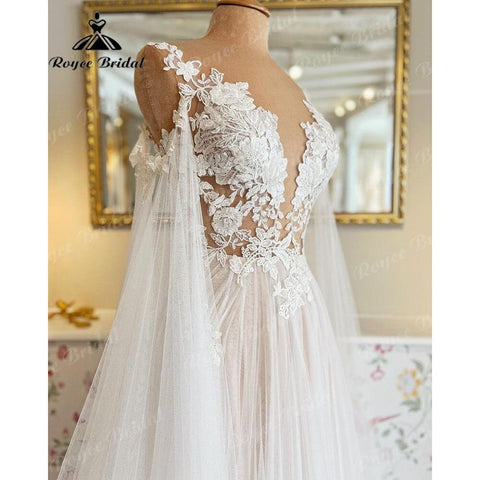NumberSea Vinatge Blumenspitze-Applikationen, transparente Illusionsflügel, Brautkleid mit abnehmbaren Ärmeln, Robe de Soirée de Mariage 2025 