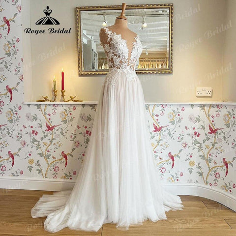 NumberSea Vinatge Blumenspitze-Applikationen, transparente Illusionsflügel, Brautkleid mit abnehmbaren Ärmeln, Robe de Soirée de Mariage 2025 