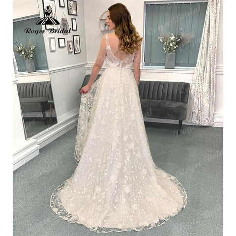 Vinatge Volle Spitze V-Ausschnitt Open Back Brautkleid für Frauen 2024 Ärmelloses A-Linie Brautkleid Nach Maß robe de mariée Sexy 