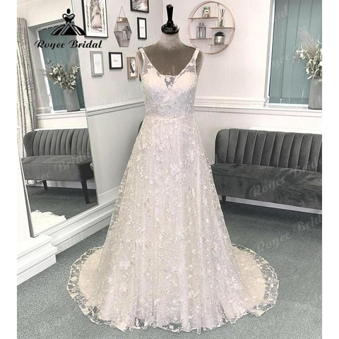 Vinatge Volle Spitze V-Ausschnitt Open Back Brautkleid für Frauen 2024 Ärmelloses A-Linie Brautkleid Nach Maß robe de mariée Sexy 
