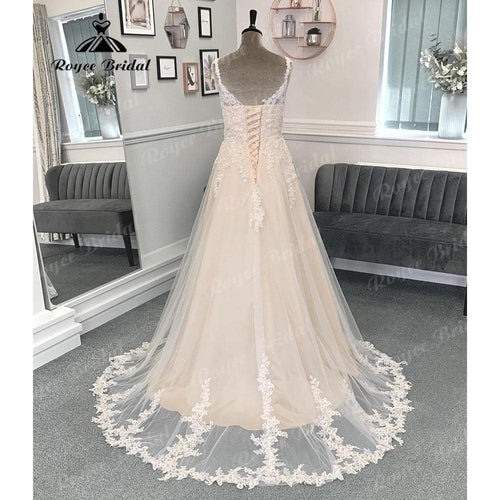 Vinatge Spitzenapplikationen A-Linie V-Ausschnitt Hochzeitskleid für Frauen 2024 Rückenfrei Lace Up Back Brautkleid Sweep Train abito da sposa 