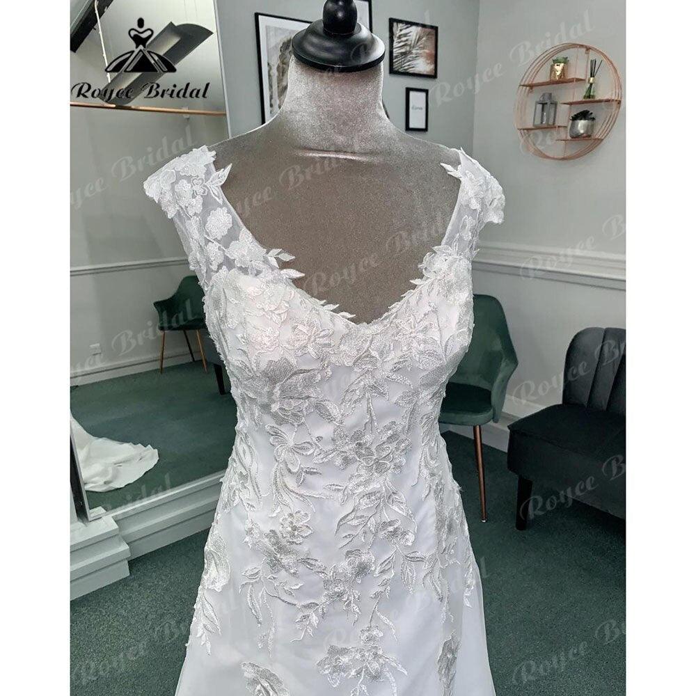 Vinatge Lace Appliques V Neck Soft Satin Wedding Dress with Short Sleeve 2024 Bridal Gown Backless vestido de novia NumberSea