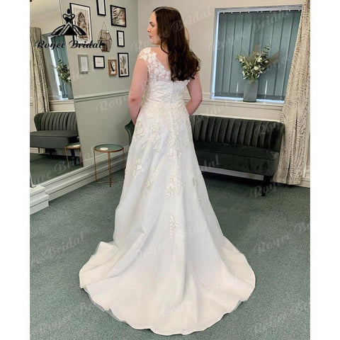 Vinatge Spitze Appliques V-ausschnitt Weiche Satin Hochzeit Kleid mit Kurzarm 2024 Brautkleid Backless vestido de novia NumberSea 
