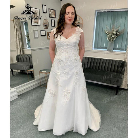 Vinatge Spitze Appliques V-ausschnitt Weiche Satin Hochzeit Kleid mit Kurzarm 2024 Brautkleid Backless vestido de novia NumberSea 