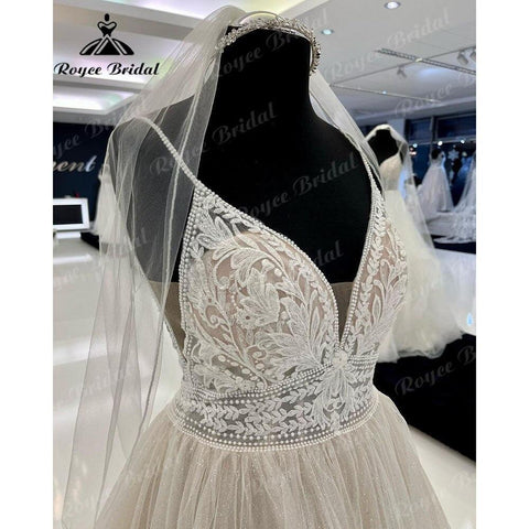 NumberSea Vinatge Lace Champagner Tiefer rückenfreier Sommer-Brautkleid für Frauen Spaghettiträger Brautkleid Trouwjurk Robe de Mariee 