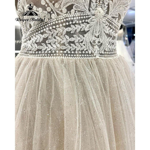 NumberSea Vinatge Lace Champagner Tiefer rückenfreier Sommer-Brautkleid für Frauen Spaghettiträger Brautkleid Trouwjurk Robe de Mariee 