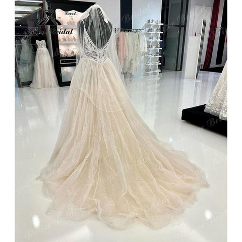 NumberSea Vinatge Lace Champagner Tiefer rückenfreier Sommer-Brautkleid für Frauen Spaghettiträger Brautkleid Trouwjurk Robe de Mariee 