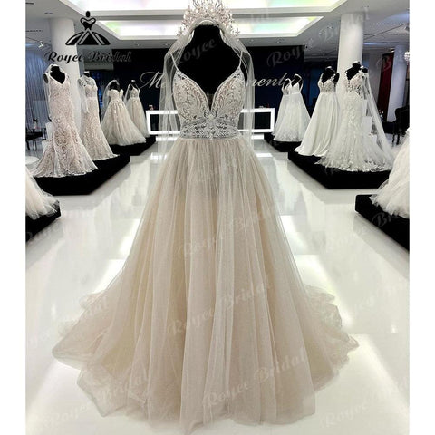 NumberSea Vinatge Lace Champagner Tiefer rückenfreier Sommer-Brautkleid für Frauen Spaghettiträger Brautkleid Trouwjurk Robe de Mariee 