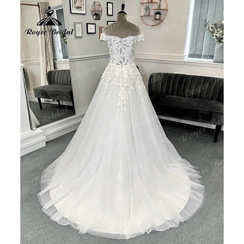 Vinatge Off Schulter Spitze A-linie Brautkleid für Frauen 2024 V-ausschnitt Kurze Flügelärmeln Brautkleid Sweep Zug Vestido Novia Sexy
