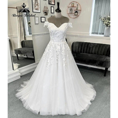 Vinatge Off Schulter Spitze A-linie Brautkleid für Frauen 2024 V-ausschnitt Kurze Flügelärmeln Brautkleid Sweep Zug Vestido Novia Sexy