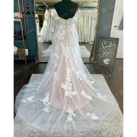 Vinatge Off Schulter Spitze Floral Blush Rosa Rückenfreies Hochzeitskleid für die Braut 2024 Hochzeitskleid Nach Maß Frauen hochzeitskleid 