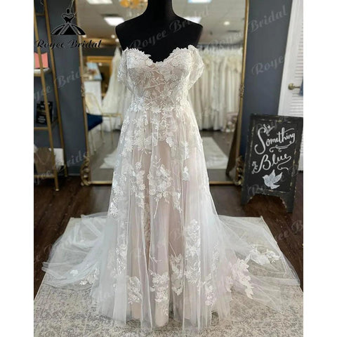 Vinatge Off Schulter Spitze Floral Blush Rosa Rückenfreies Hochzeitskleid für die Braut 2024 Hochzeitskleid Nach Maß Frauen hochzeitskleid 