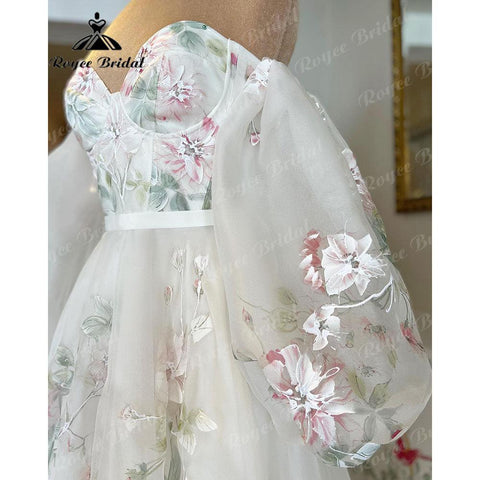 Vinatge Off Shoulder Princess Sweetheart Print Blumenhochzeitskleid mit abnehmbaren langen Puffärmeln 2025 Hochzeitspartykleid 