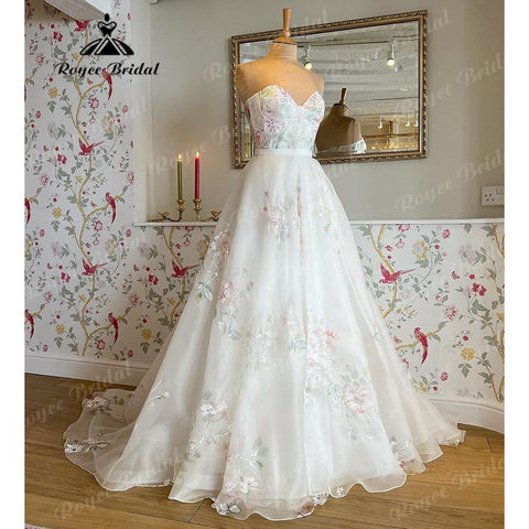 Vinatge Off Shoulder Princess Sweetheart Print Blumenhochzeitskleid mit abnehmbaren langen Puffärmeln 2025 Hochzeitspartykleid 