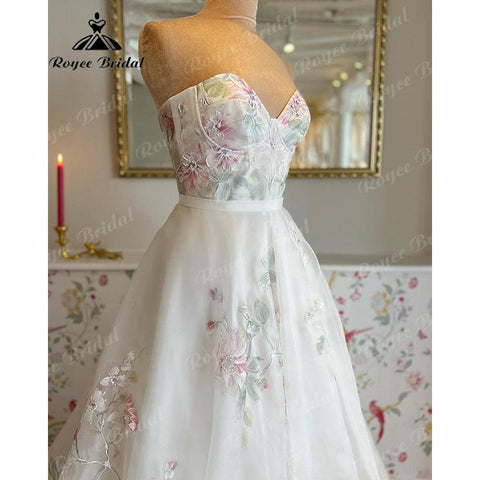 Vinatge Off Shoulder Princess Sweetheart Print Blumenhochzeitskleid mit abnehmbaren langen Puffärmeln 2025 Hochzeitspartykleid 