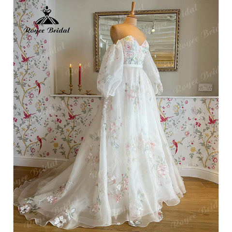 Vinatge Off Shoulder Princess Sweetheart Print Blumenhochzeitskleid mit abnehmbaren langen Puffärmeln 2025 Hochzeitspartykleid 