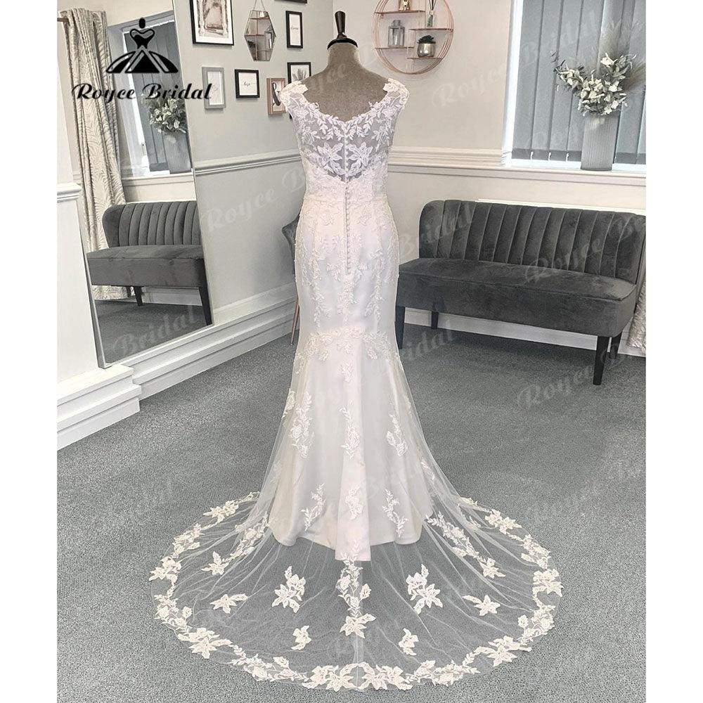 Vinatge Scoop Neckline Cap Sleeve Wedding Gown for Women 2024 Bridal Wedding Dress Sweep Train vestido branco sereia NumberSea