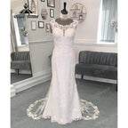 Vinatge Scoop Neckline Cap Sleeve Wedding Gown for Women 2024 Bridal Wedding Dress Sweep Train vestido branco sereia NumberSea