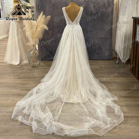 NumberSea Vinatge V-Ausschnitt A-Linie Boho Spitze Applikationen Hochzeitskleid rückenfrei 2025 Vestidos Robe Civil Tüll Robe De Mariée Eleganter Strand 