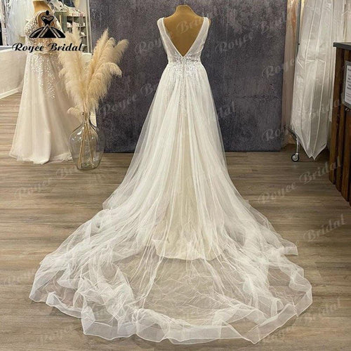 Vestido de novia vintage con escote en V y línea A, aplicaciones de encaje boho, espalda descubierta, 2025, vestido civil de tul, elegante para playa