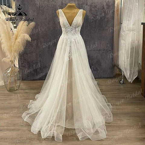 NumberSea Vinatge V-Ausschnitt A-Linie Boho Spitze Applikationen Hochzeitskleid rückenfrei 2025 Vestidos Robe Civil Tüll Robe De Mariée Eleganter Strand 