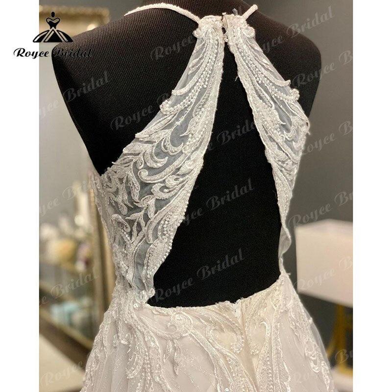 NumberSea Vintage Beach Spaghetti Straps V Neck A Line Shiny Glitter Wedding Dress Open Back Sweep Train Lace Appliques vestidos de novia