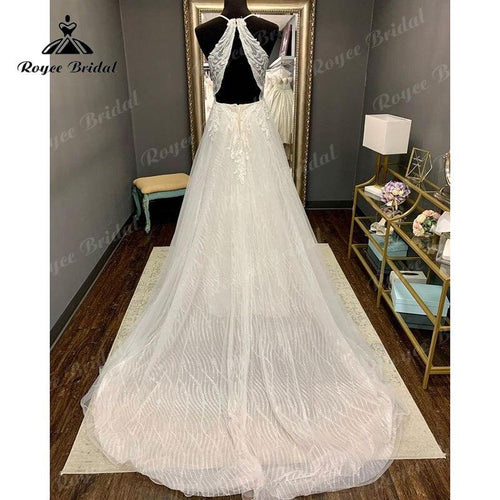 Vestido de novia NumberSea vintage de playa con tirantes spaghetti, escote en V, línea A, brillo brillante, espalda abierta, cola barrida y aplicaciones de encaje