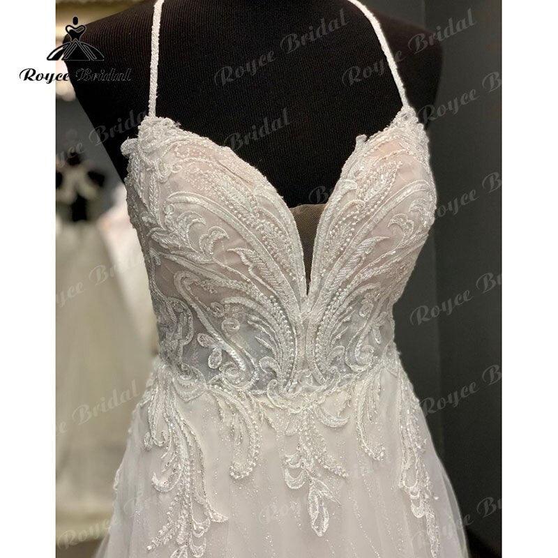 NumberSea Vintage Beach Spaghetti Straps V Neck A Line Shiny Glitter Wedding Dress Open Back Sweep Train Lace Appliques vestidos de novia