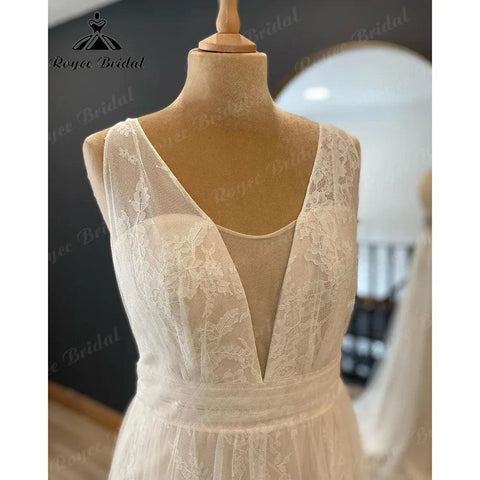 Vintage Strand Tank Spitze Boho Ärmelloses Brautkleid für Frauen 2024 Braut V-ausschnitt Hochzeit Kleid vestido longo festa de casamento 