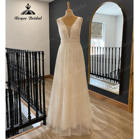 Vintage Strand Tank Spitze Boho Ärmelloses Brautkleid für Frauen 2024 Braut V-ausschnitt Hochzeit Kleid vestido longo festa de casamento 