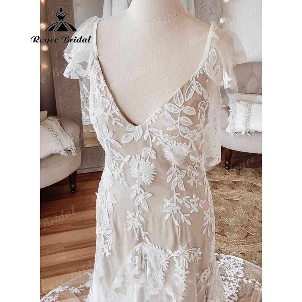 Vintage Behemian Boho Full Lace Backless Beach Wedding Dress with V Neck 2025 Bridal Gowns vestido de noiva simples NumberSea