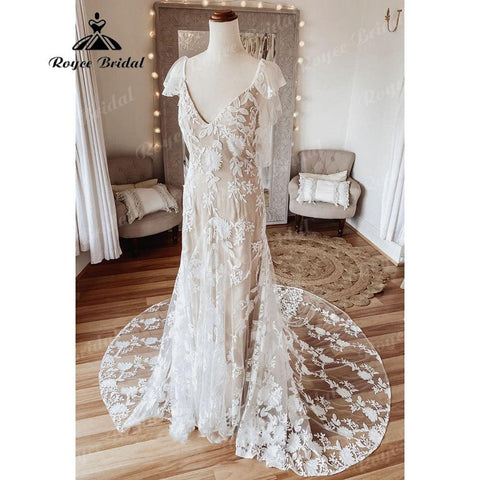 Vintage Behemian Boho Volle Spitze Backless Strand Brautkleid mit V-Ausschnitt 2025 Brautkleider Vestido de Noiva Simples NumberSea